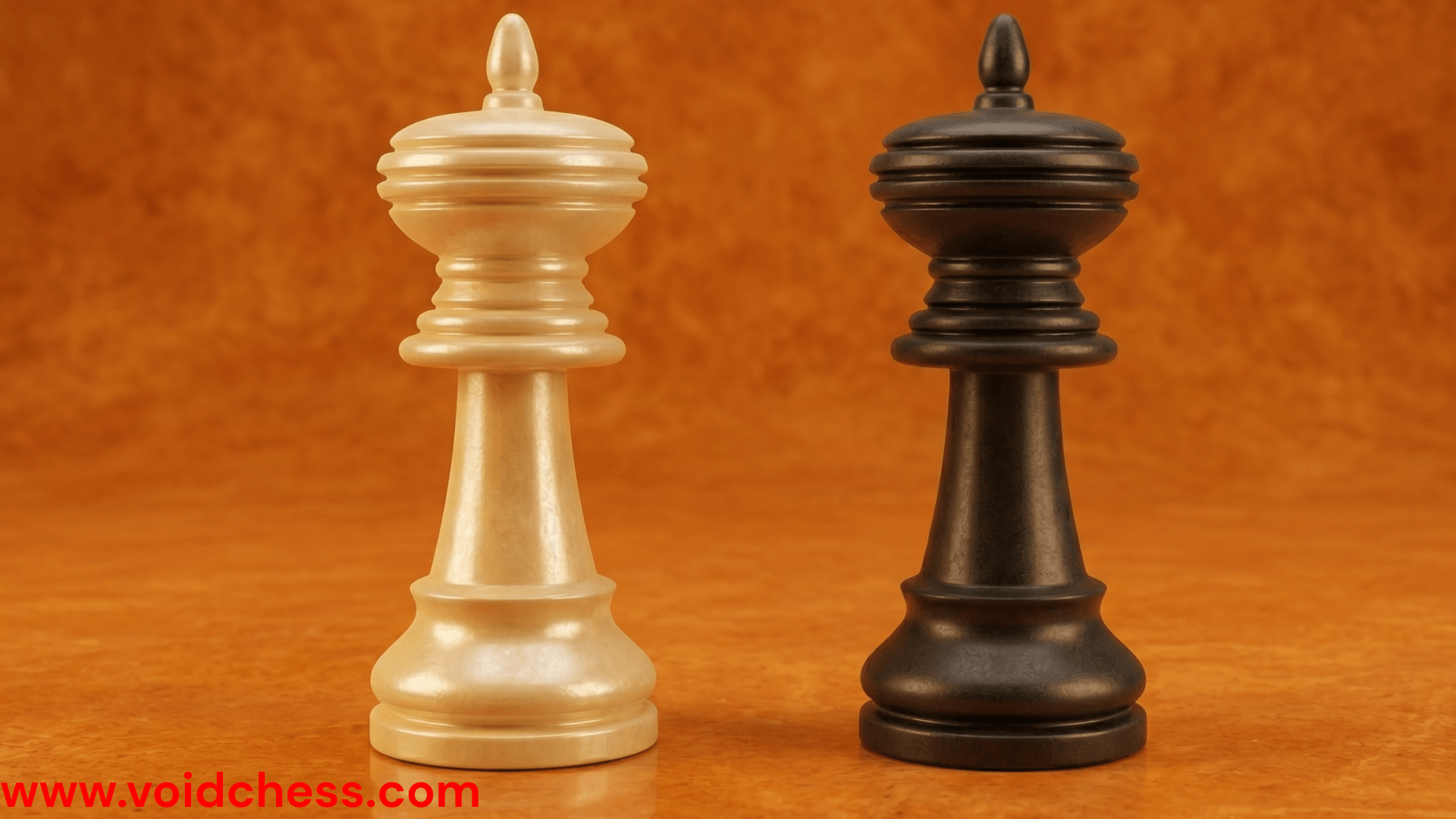 White and black Minister pieces side by side in Void Chess - the most important new chess piece